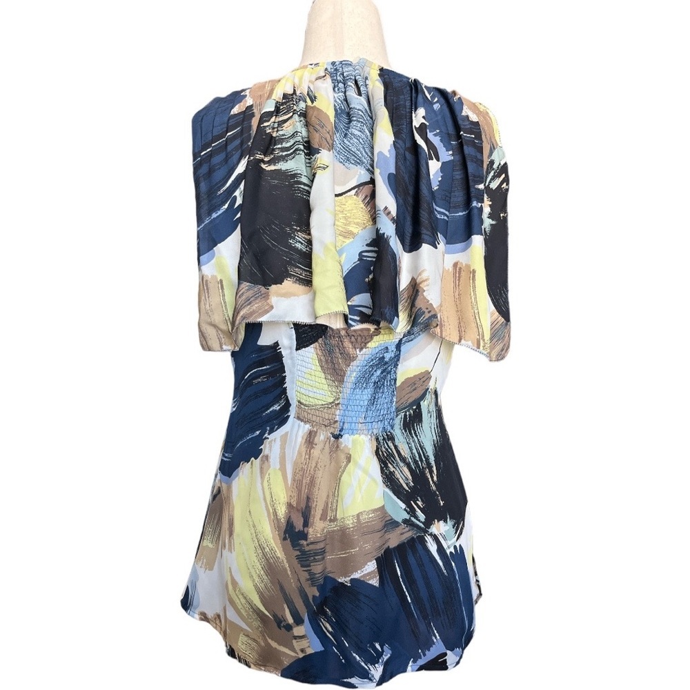 BCBG MaxAzria SILK Flounce Ruffle Brushstroke Blouse Top Shirt Pleated Smocked S - Picture 3 of 6